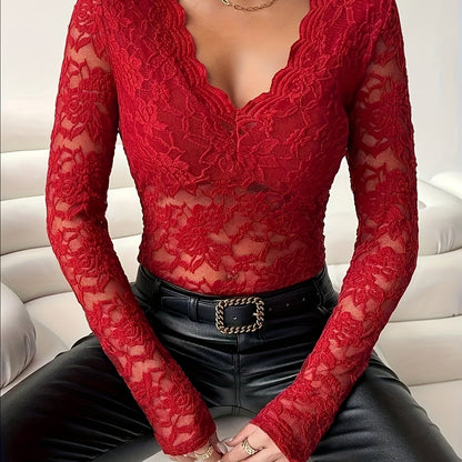 Sexy Sheer Stretch Lace V-Neck T-Shirt for Women - Chic, Perfect for All Seasons