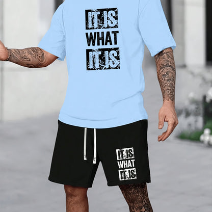 Summer Sportswear Set for Men - Vibrant Orange "IT IS WHAT IT IS" T-Shirt & Black Drawstring Shorts, Polyester Blend, Machine Washable