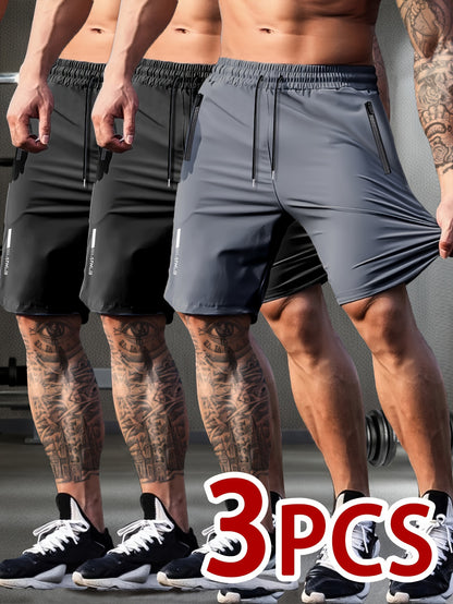 Set of 3 Breathable High-Elastic Drawstring Waist Shorts with Zipper Pockets for Men'S Casual Sports And Jogging.