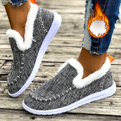 Women's Cozy Winter Slip-On Loafers - Plush Lining, Warm Denim Blue, EVA Sole, Round Toe, Fluffy Fur Trim for Casual Winter Style