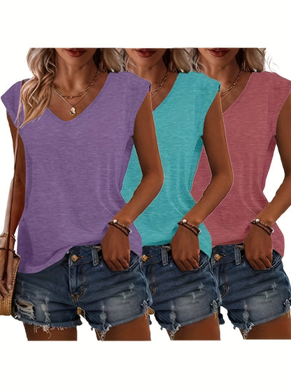 Three Solid Color V-Neck T-Shirts, Casual Short-Sleeve T-Shirts for Spring And Summer, Women'S Clothing.