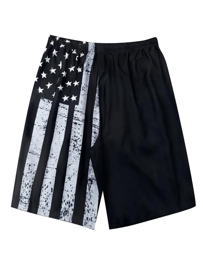 Chic Contrast Color American Flag Pattern Print Shorts - Men's Drawstring Pockets Summer Outdoors Sports Wear