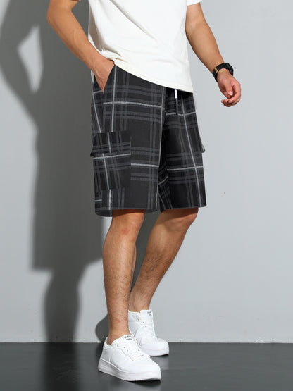 [Plaid Beach Shorts] Men's Plaid Drawstring Beach Shorts - Casual Cargo Shorts with Side Pockets for Summer Outdoor