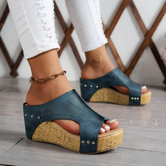 Women'S Vintage Solid Color Open Toe Wedge Heel Slides Sandals, Synthetic Upper, Rubber Sole, Synthetic Insole, Strappy Back, Slip-on, No Printing, Hand Wash, for Summer