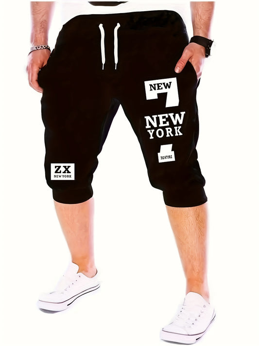 Men's Casual European & American Style Athletic Shorts - Navy Blue with "NEW YORK" Print, Zipper Pockets, 100% Polyester, Machine Washable, Perfect for Streetwear & Jogging