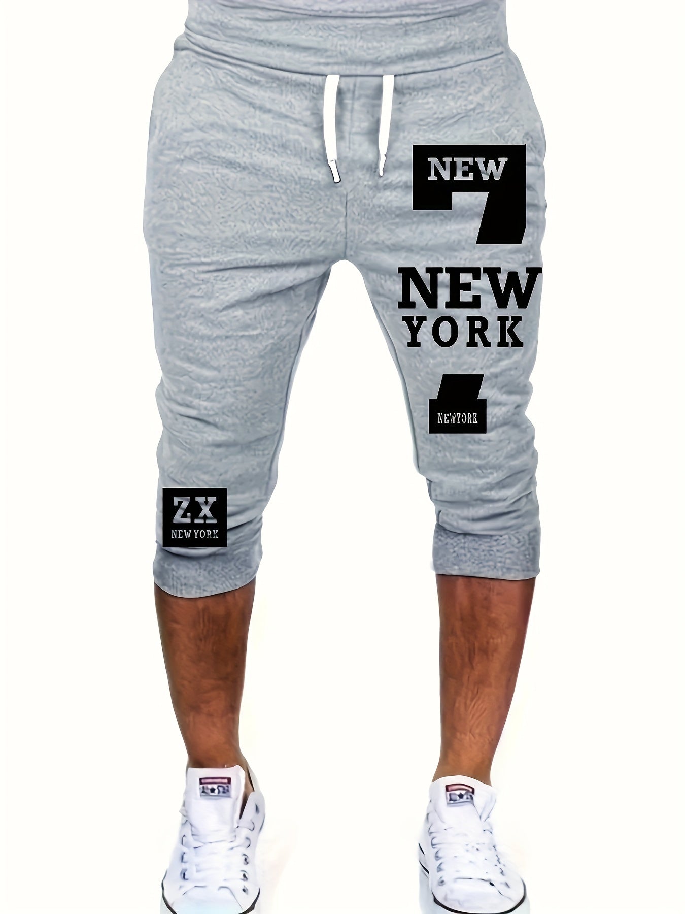 Men's Casual European & American Style Athletic Shorts - Navy Blue with "NEW YORK" Print, Zipper Pockets, 100% Polyester, Machine Washable, Perfect for Streetwear & Jogging