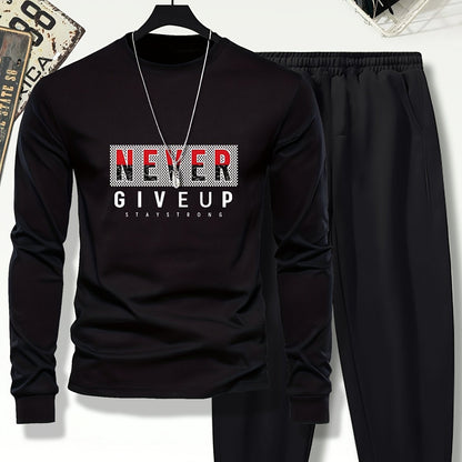 Youth Boys' Casual NEVER GIVE UP Stylish Cuffed Outfit, for Outdoor