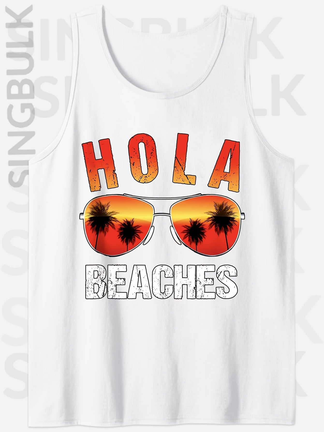 Men's 100% Cotton Sleeveless Tank Top - "HOLA BEACHES" Graphic Print, Casual Round Neck Summer Tee with Palm Tree & Fashion Glasses Design, Loose Fit for Outdoor Leisure, Casual Outings Attire | Playful Print Tee | Loose Fit