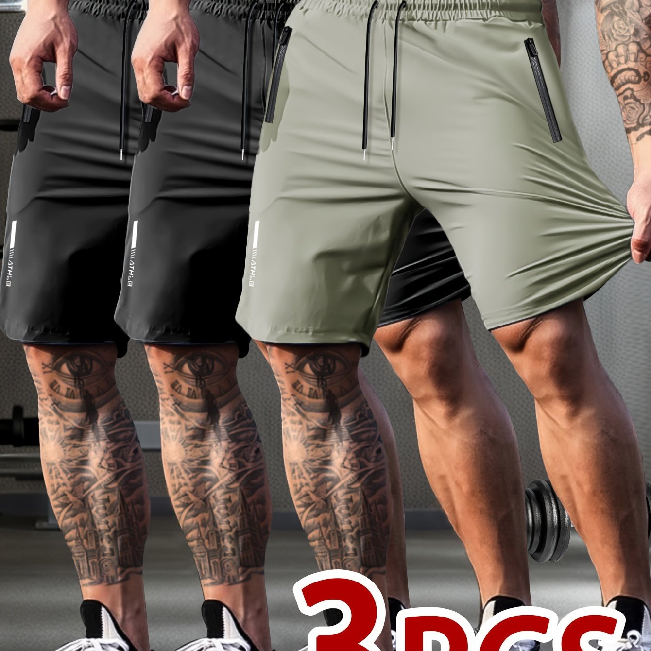 Set of 3 Breathable High-Elastic Drawstring Waist Shorts with Zipper Pockets for Men'S Casual Sports And Jogging.