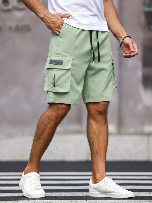 Polyester Solid Color Shorts - Men's Non-Stretch Casual Drawstring Shorts with Multiple Pockets for Summer Outdoor Activities