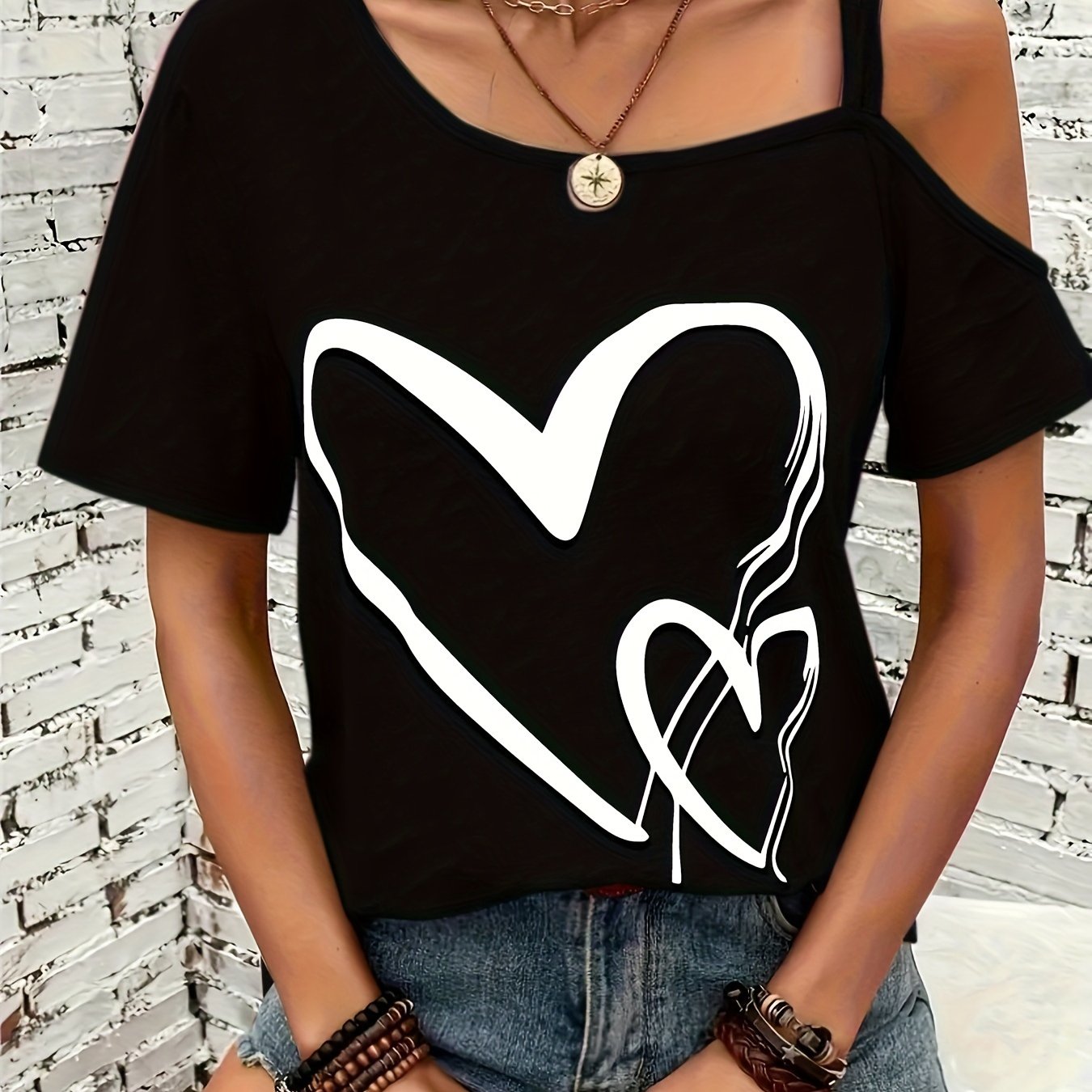 Casual Cold Shoulder Heart Print - Short Sleeve Backless Asymmetrical Top, Women's Clothing T-shirt