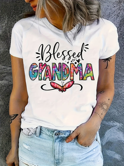 [Comfy Grandma Letter Print Tee] Women's Chic Letter Print Tee Being a Grandma - Comfy, Casual Short Sleeve Crew Neck T-shirt for Everyday Wear & Stylish Layering