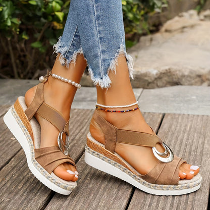 Summer New Solid Color Platform Mid Heel Sandals for Beach - Ladies' Open Toe - Fabric Upper, Synthetic Inner, PU Sole, Fabric Insole, Pull on Closure