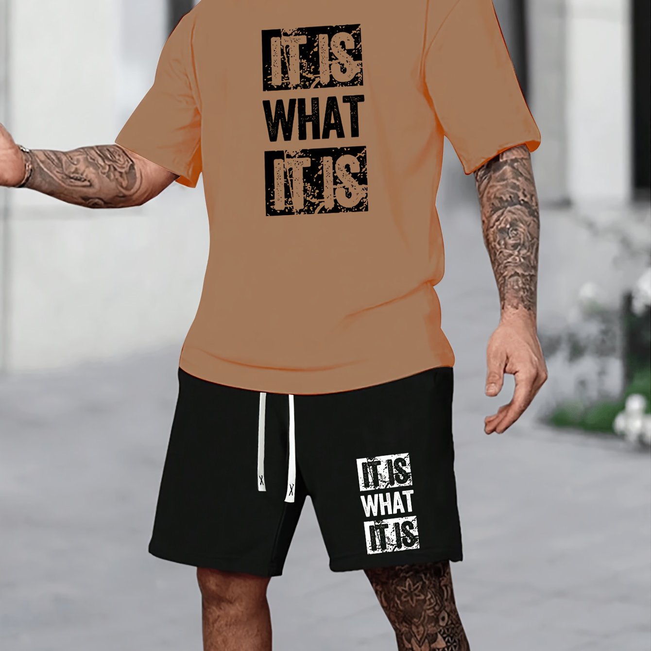 Summer Sportswear Set for Men - Vibrant Orange "IT IS WHAT IT IS" T-Shirt & Black Drawstring Shorts, Polyester Blend, Machine Washable