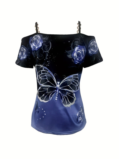 [Summer Perfect Cold-Shoulder Top] Chic Butterfly Print Cold-Shoulder Top - V-Neck, Stretchy Polyester Blend, Machine Washable - Perfect for Summer