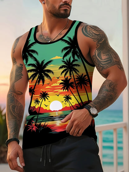 Men'S Stylish Beach Tank Top with Trendy Palm Tree Design. Premium Quality Digital Print.