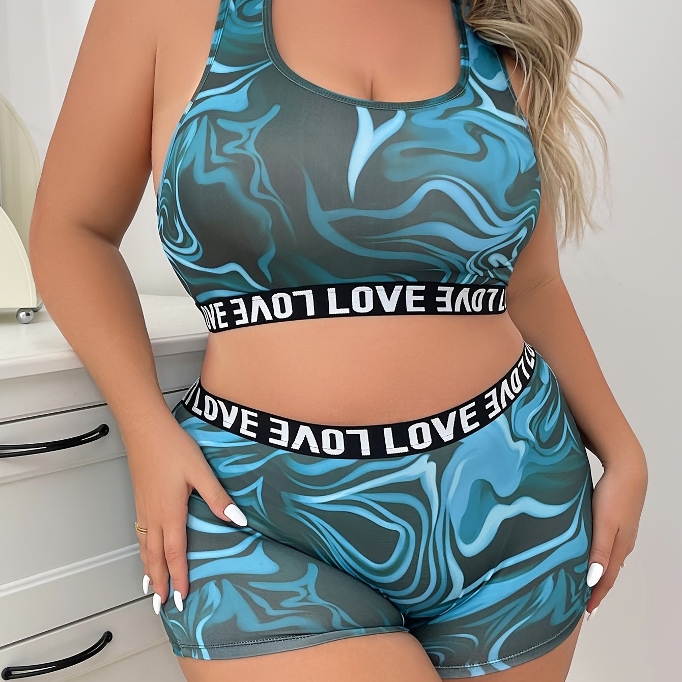 Plus Size Sports Lingerie Set - Stretchy & Comfortable Polyester Bra and Shorts with "LOVE" Waistband, Abstract Blue Marble Print, Racerback Tank Top Style for Activewear, Bra And Panty Set