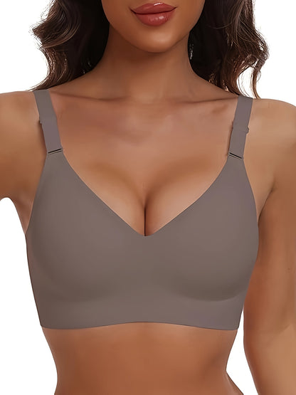 Seamless Full Coverage Women's Bra | Soft Nylon/Spandex, Wireless Support, Elegant V-Neck Design for Casual Wear