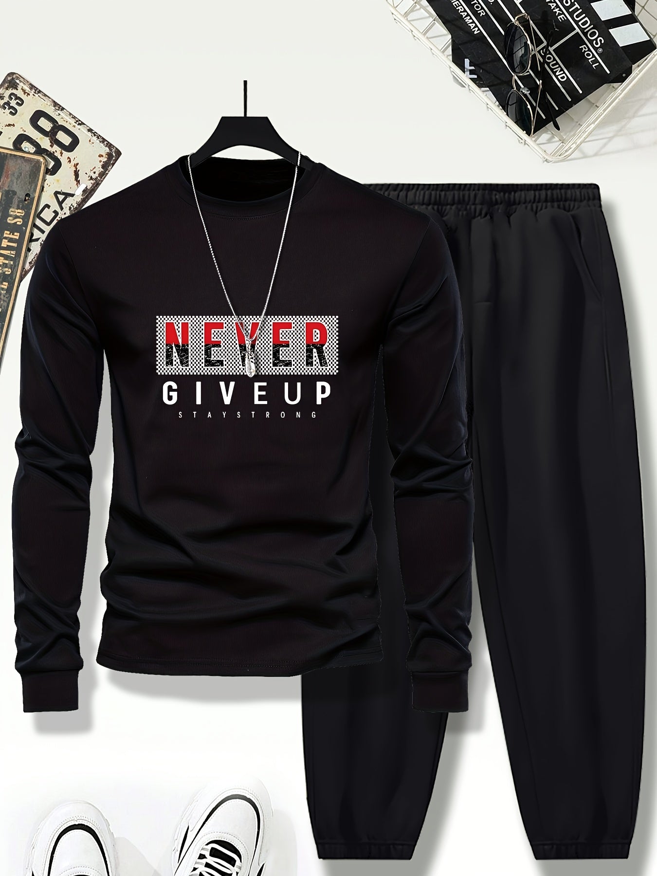 Youth Boys' Casual NEVER GIVE UP Stylish Cuffed Outfit, for Outdoor