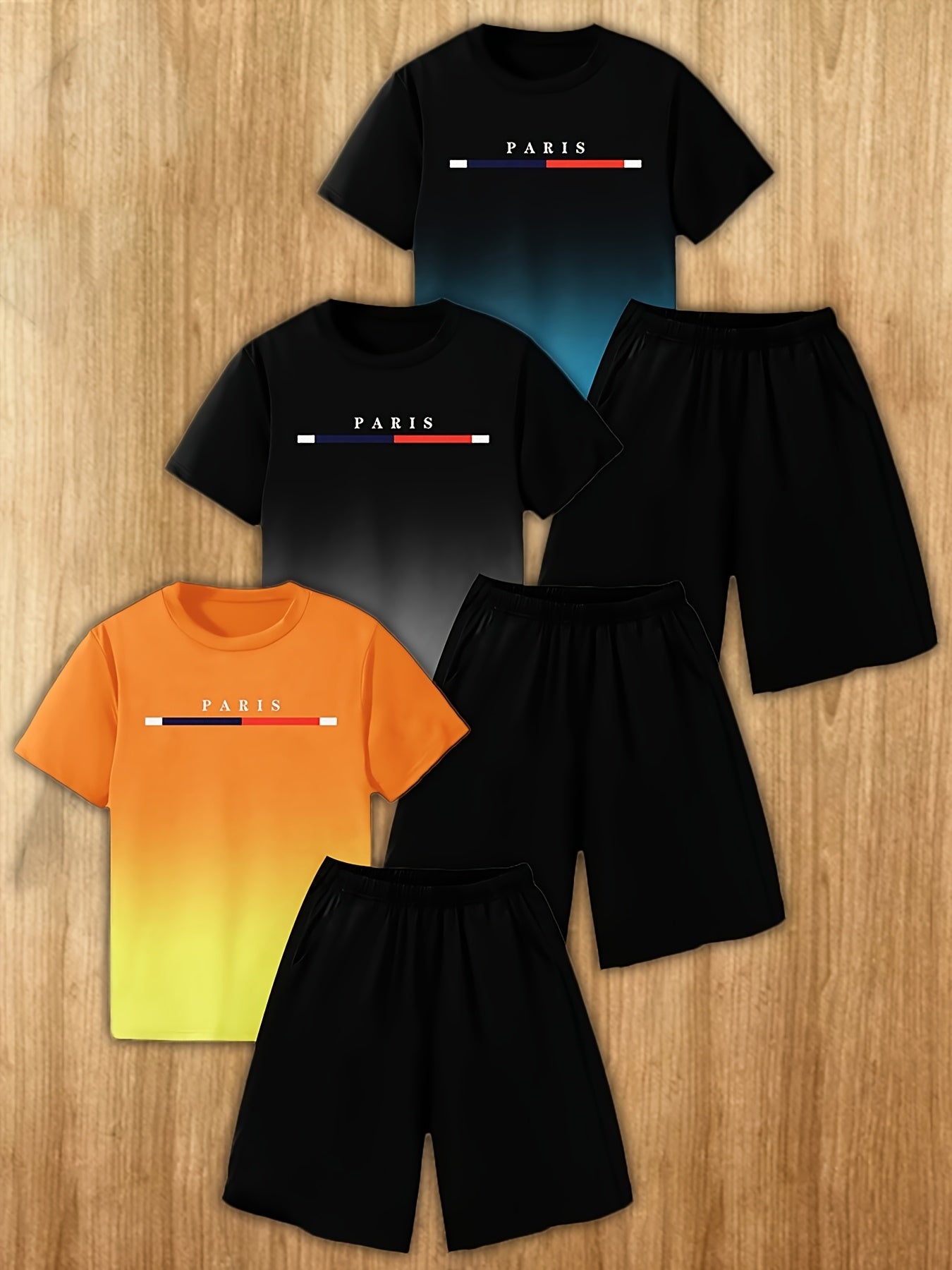 6pcs Boys' Summer Fashion Set: 3D Paris Printed Casual T-Shirts & Shorts - Breathable Polyester, Crew Neck, Machine Washable, in Black/Blue/Orange Gradient, Summer Clothes for Teens, Perfect for Outdoor