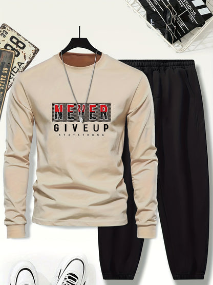 Youth Boys' Casual NEVER GIVE UP Stylish Cuffed Outfit, for Outdoor