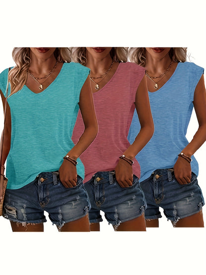 Three Solid Color V-Neck T-Shirts, Casual Short-Sleeve T-Shirts for Spring And Summer, Women'S Clothing.