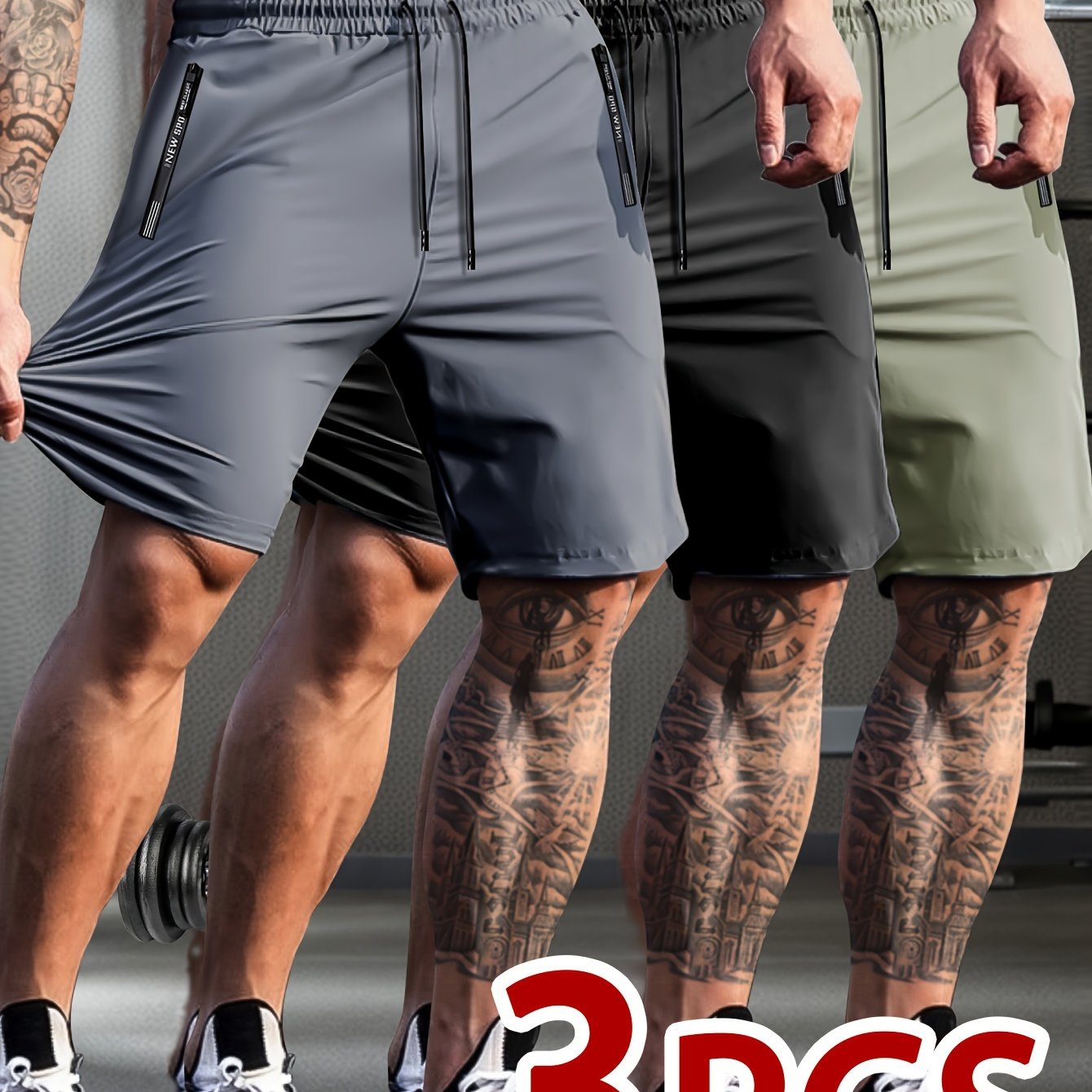 Set of 3 Breathable High-Elastic Drawstring Waist Shorts with Zipper Pockets for Men'S Casual Sports And Jogging.