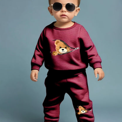 European and American baby boys' autumn and winter popular zipper teddy bear printed hoodie+teddy bear printed sweatpants two-piece set [targeted development]