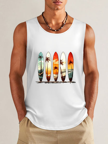 Men's Cotton Graphic Tee - Comfy, Casual, Sleeveless Tank Top with Beach Palm Trees Print for Summer Outdoor Wear