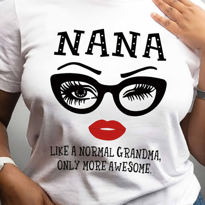 Women's "Nana" Cartoon Portrait Print T-Shirt - Casual Crew Neck, Short Sleeve, Polyester, Machine Washable - White with Black & Red Graphics