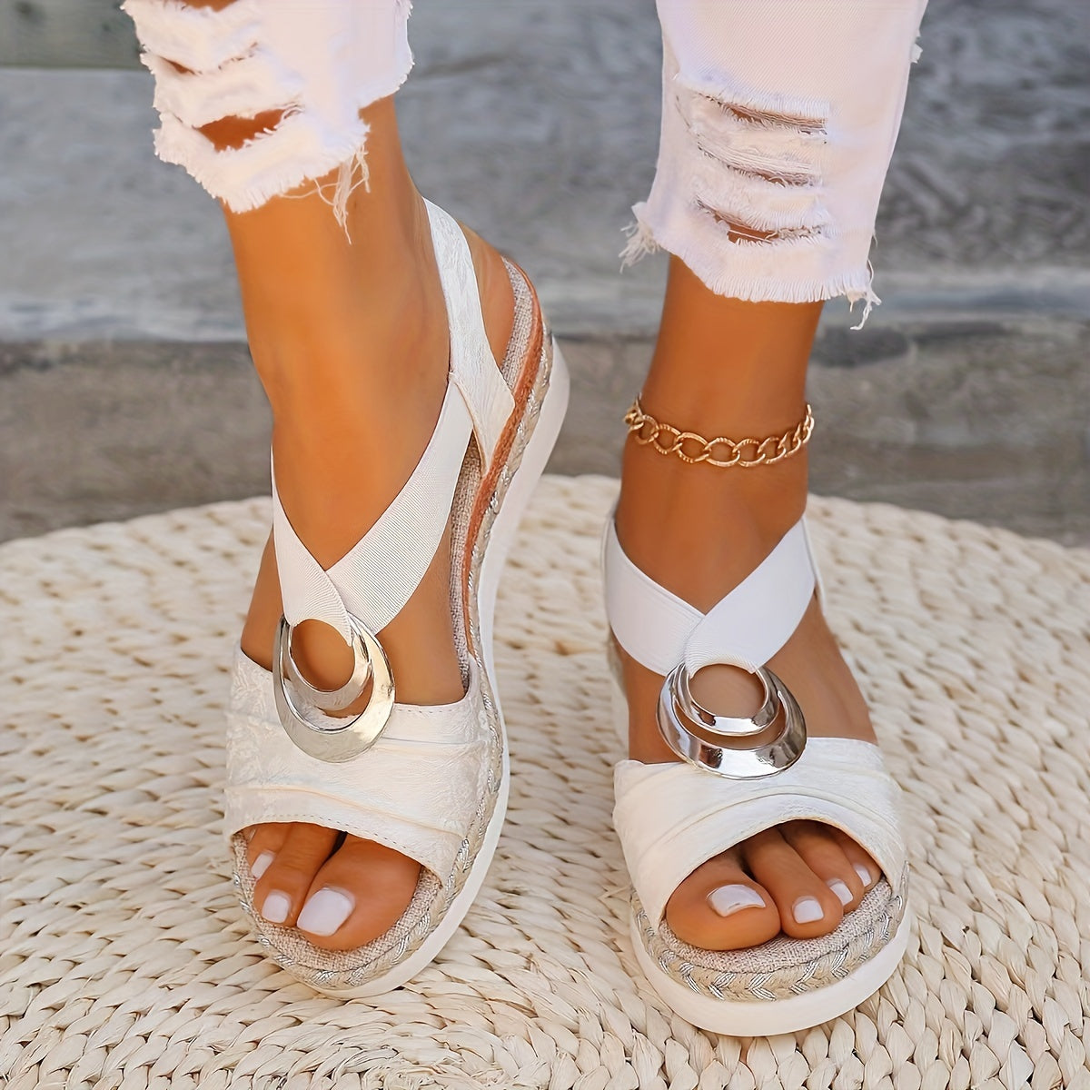 Summer New Solid Color Platform Mid Heel Sandals for Beach - Ladies' Open Toe - Fabric Upper, Synthetic Inner, PU Sole, Fabric Insole, Pull on Closure