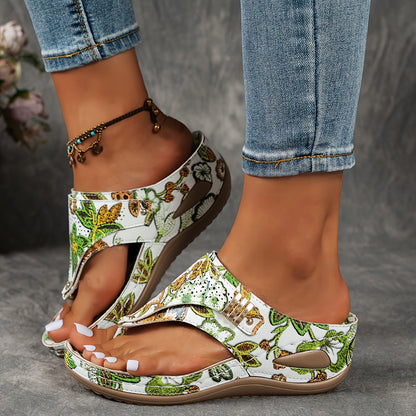 Comfortable Wedge Heeled Sandals - Women's Flower Pattern Clip Toe Platform Shoes, Casual Slip On