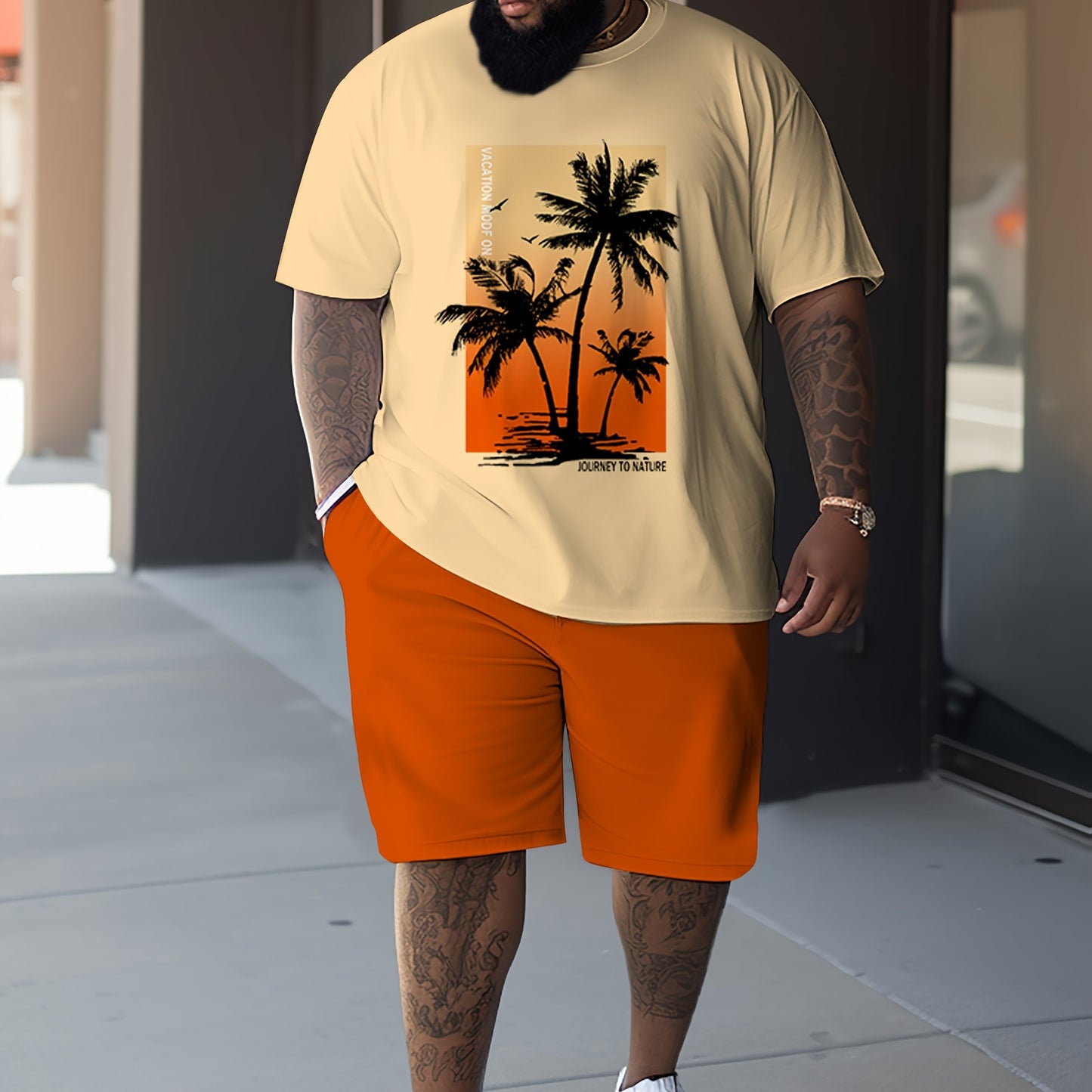 [Plus Size Coconut Tree Sweatsuit] [2pcs Coconut Tree Print T-Shirt and Shorts Set] 2pcs Plus Size Men'S Coconut Tree Print T-Shirt and Shorts Set, Polyester & Spandex Crew Neck Casual Sports Sweatsuit, Regular Fit Knit Fabri