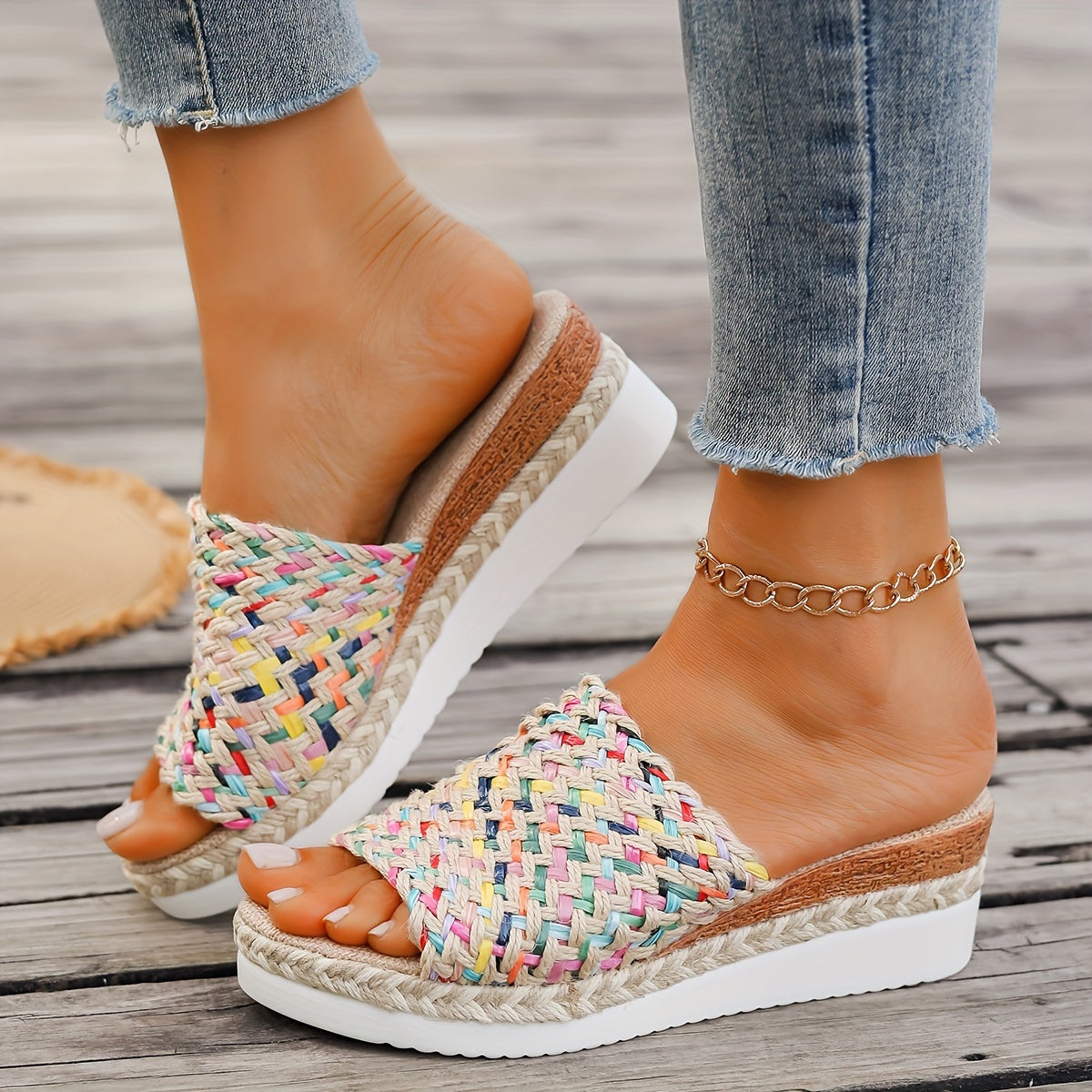 [Colorful Woven Straw Sandals] Women's Colorful Woven Straw Sandals, Platform Slip On Summer Holiday Shoes, Comfort Wedge Beach Shoes