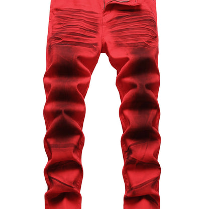 [Red Slim-Fit Stretch Jeans] Men's printed slim-fit red stretch casual jeans