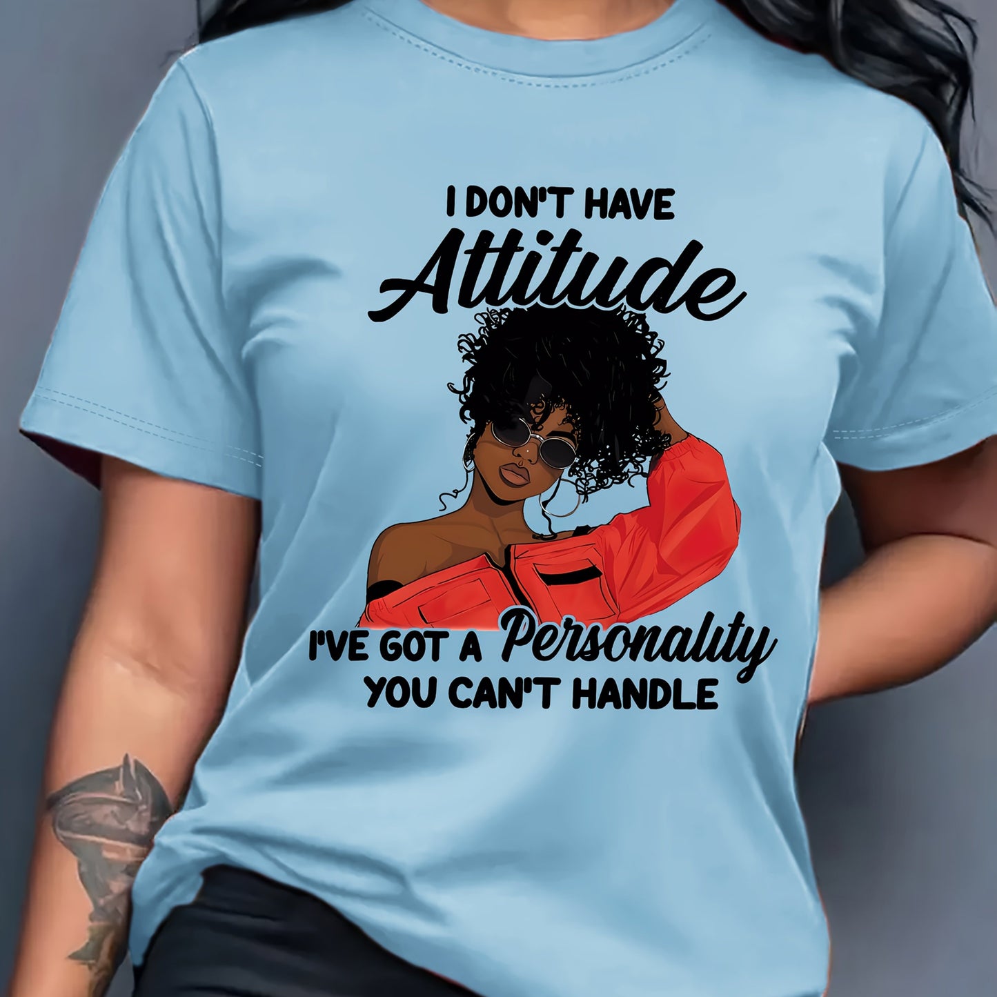 Women'S Casual Crew Neck T-Shirt with "I Don't Have Attitude, I've Got a Personality You Can't Handle" Print - Short Sleeve, Round Neck, Allseason Top, Casual Wear | Playful Print Top | Comfortable Fit, Ladies T Shirts