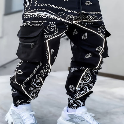 [Multi Pocket Paisley Joggers] Men's Paisley Pattern Multi Pocket Joggers, Casual Sports Pants For Fitness