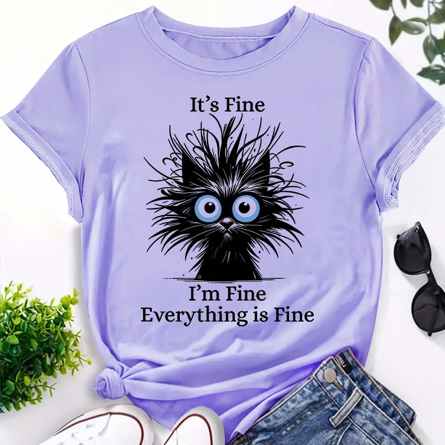 [Light Blue Cat Graphic Tee] Whimsical 'It's Fine, I'm Fine, Everything is Fine' Cat Graphic Tee for Women - Light Blue, Casual Fit with Round Neck, Short Sleeves, Polyester, Machine Washable