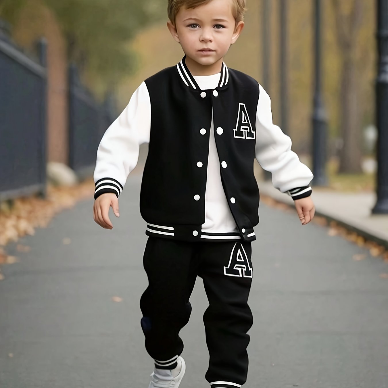 Boys' 2pcs Fall/Winter Casual Polyester Knit Baseball Suit with Long Sleeve Crew Neck Jacket and Matching Pants, Alphabet Print, Regular Fit - Button Detail, for Outdoor