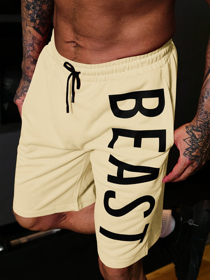 Letter Print "BEAST" Shorts With Drawstring And Pockets, Chic And Stylish Sports Shorts For Men's Summer Fitness And Outdoors Wear