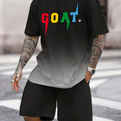 Men's Summer Sportswear Set - Breathable Polyester Gradient "GOAT" Print T-Shirt & Black Shorts, Casual 2pcs Jogging Tracksuit with Colorful Stripes, Workout Clothes