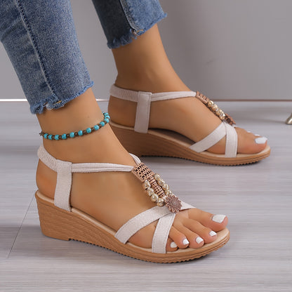 [Wedge Heeled Beads Sandals] Women's Beads Decor Wedge Heeled Sandals, Casual Open Toe Platform Shoes, Comfortable Ankle Strap Sandals