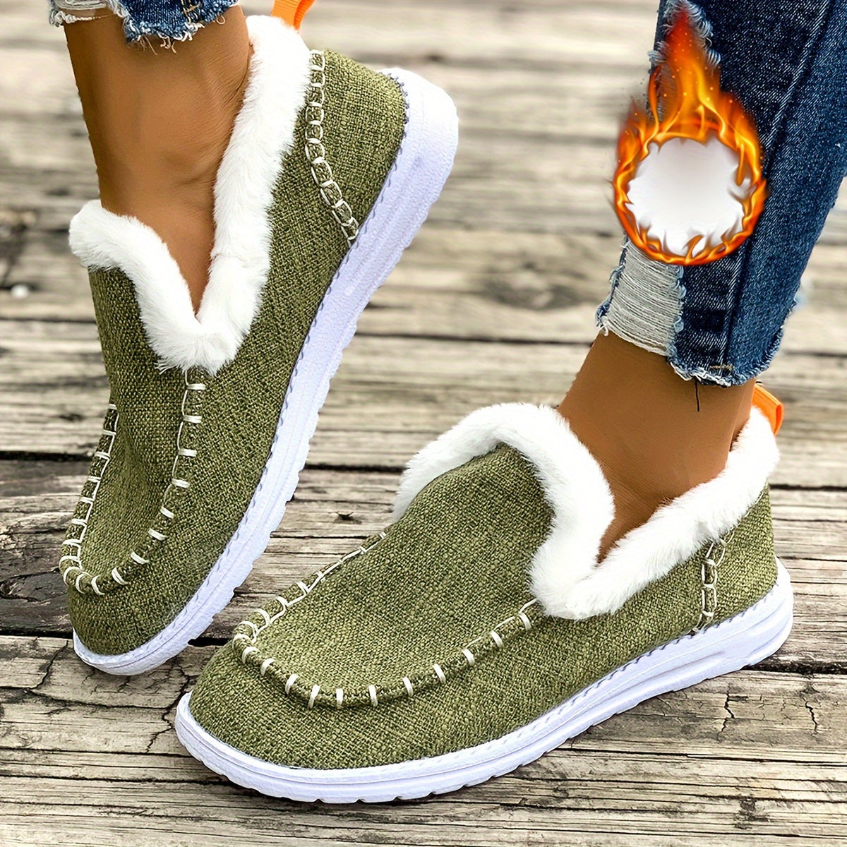 Women's Cozy Winter Slip-On Loafers - Plush Lining, Warm Denim Blue, EVA Sole, Round Toe, Fluffy Fur Trim for Casual Winter Style