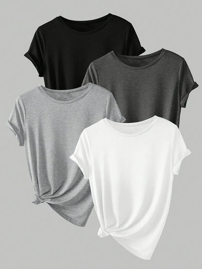 4pcs Spring & Summer Casual Crew Neck Short Sleeve Solid T-Shirt - Women's Clothing