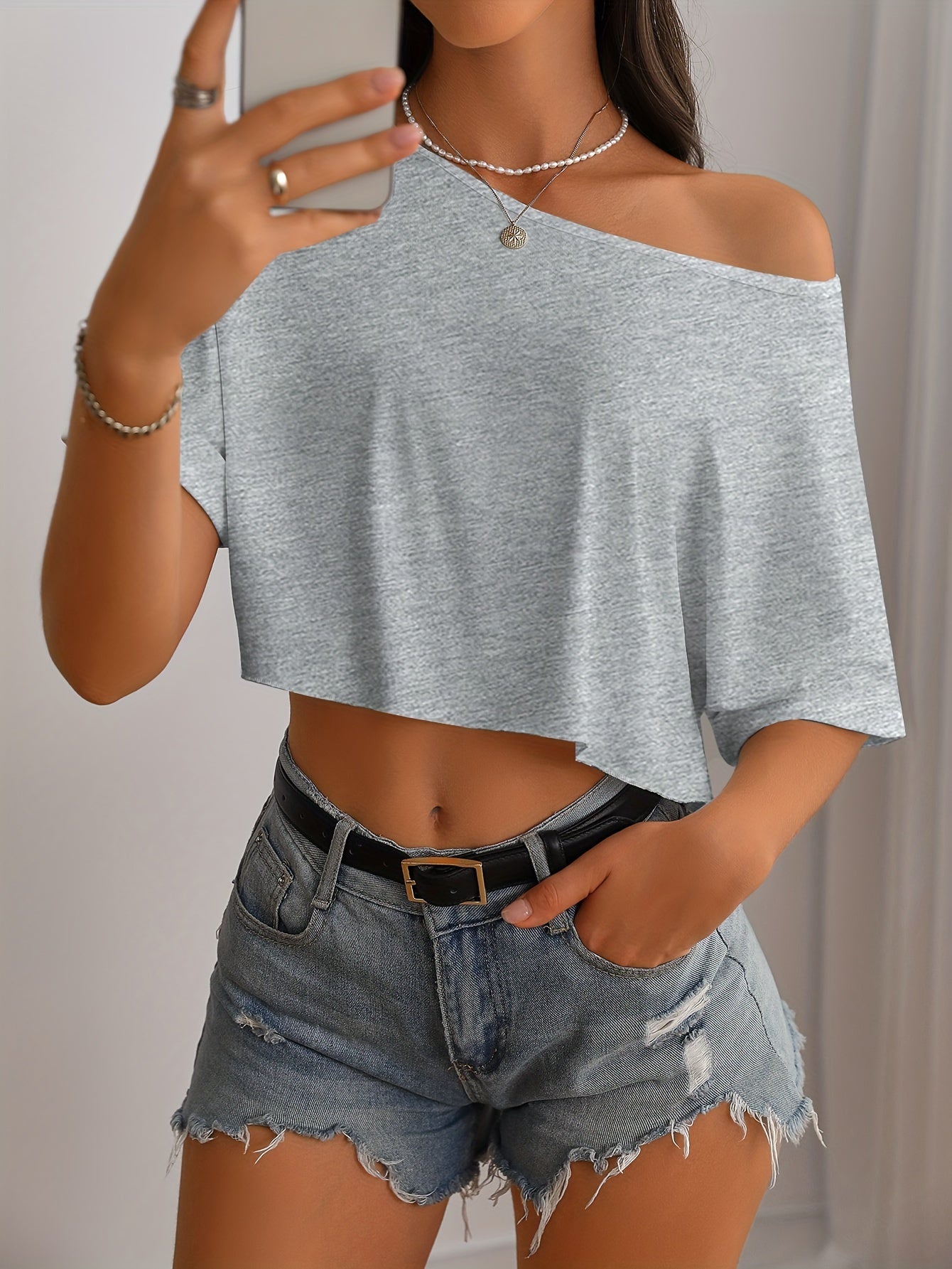 [Polyester Off-Shoulder Crop Top] Breathable Polyester Blend Off-Shoulder Crop Top T-Shirt - Casual Style, Machine Washable, Solid Color, Perfect for All Seasons