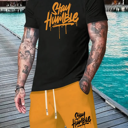 Summer Short-Sleeve Men'S T-Shirt Set with Print Design, Featuring Five-Point Shorts And a Comfortable Round-Neck Sports Outfit in a Two-Piece Set.