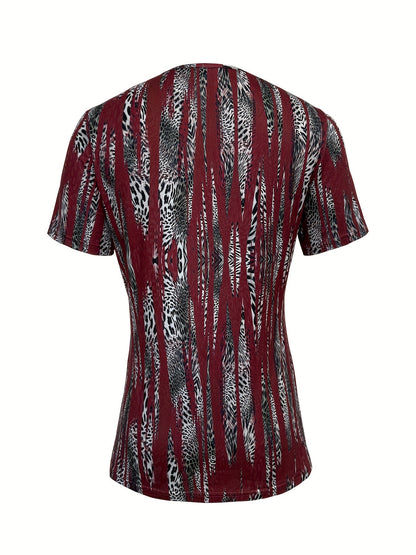 Maroon & Black Stretchy Polyester Blend Print T-Shirt - Square Neck, Short Sleeve, Machine Washable - Perfect for Casual Outings