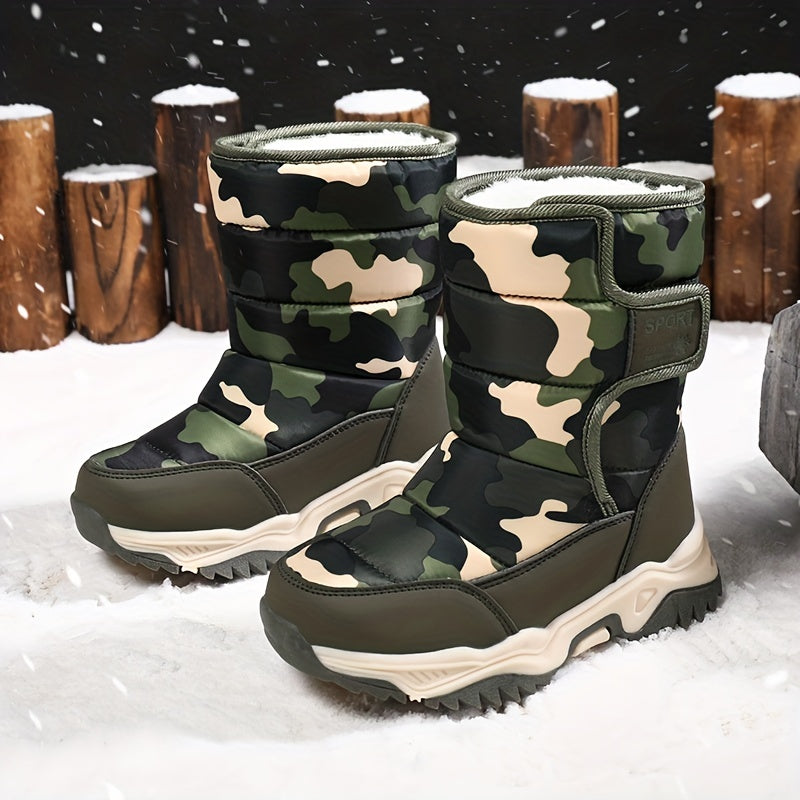 Youngsters' High-Top Winter Snow Boots - Warm Insulated TPR Sole & EVA Cushion, Camouflage Pattern (Blue/Black/Pink/Beige) | Unisex Youngsters & Youth Cold Weather Boots for Outdoor Activities