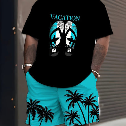 [Vacation-Themed Graphic Tee & Shorts] Plus Size 3D Digital Print Vacation-Themed Graphic Tee & Shorts Set - Breathable Polyester Blend, Casual/Sporty, Machine Washable, with Pockets & Drawstrings