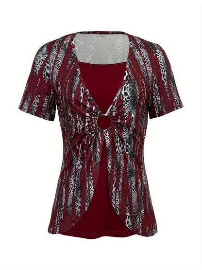 Maroon & Black Stretchy Polyester Blend Print T-Shirt - Square Neck, Short Sleeve, Machine Washable - Perfect for Casual Outings